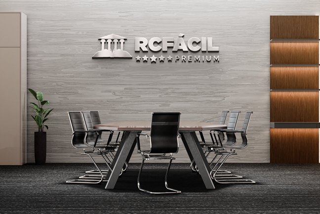 Sala de reuniões RCFácil Premium – Escritório corporativo com logo na parede